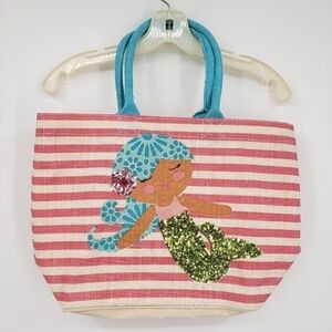 MUD Pie unisex mermaid tote bag pink stripe sequin woven fiber aqua handles